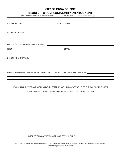 First page of the Request To Post Community Events Online