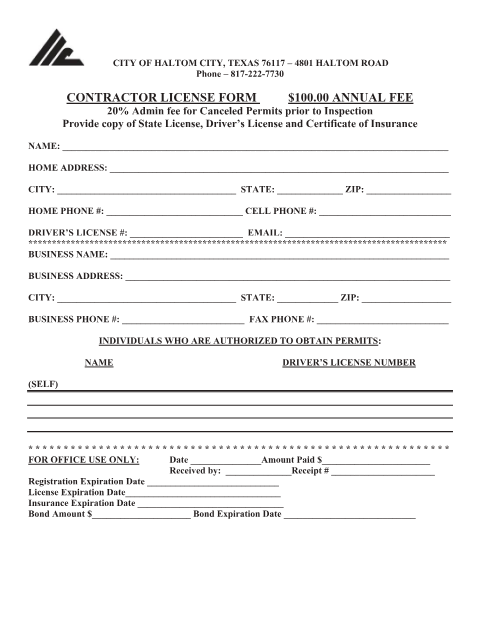 First page of the Street Contractor's Registration
