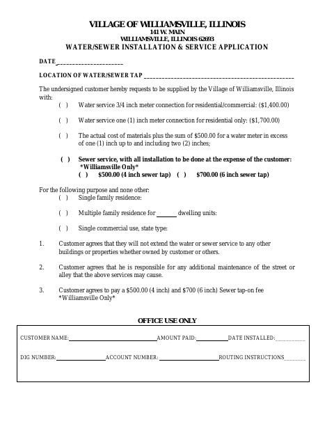 First page of the Water/Sewer Installation & Service Application