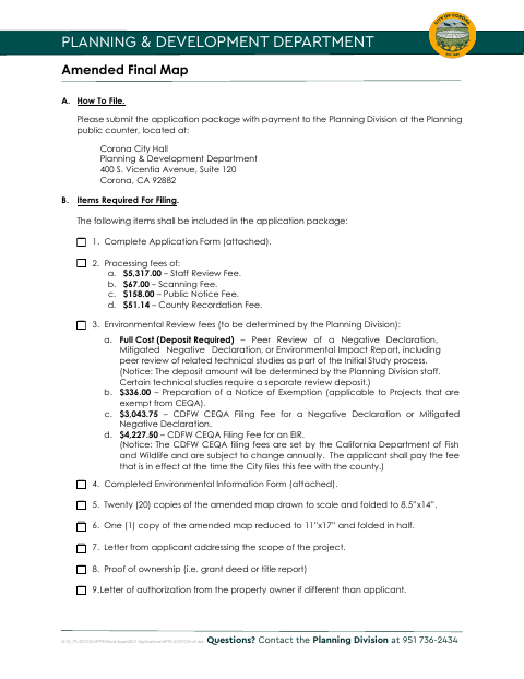 First page of the Amended Final Map Application