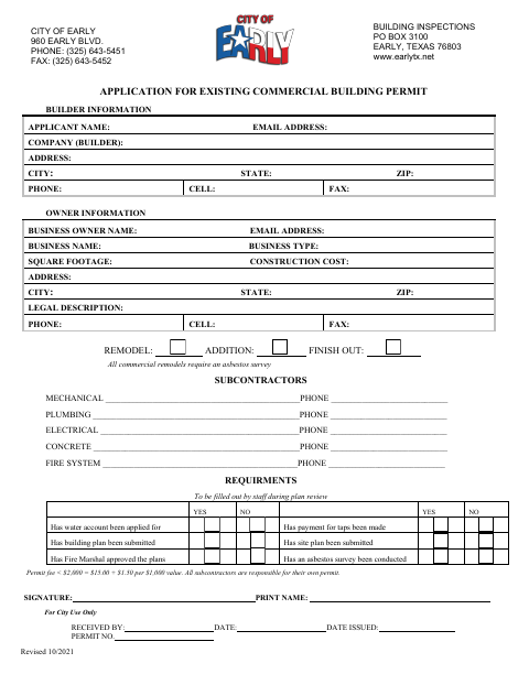 First page of the Application for Existing Commercial Building Permit