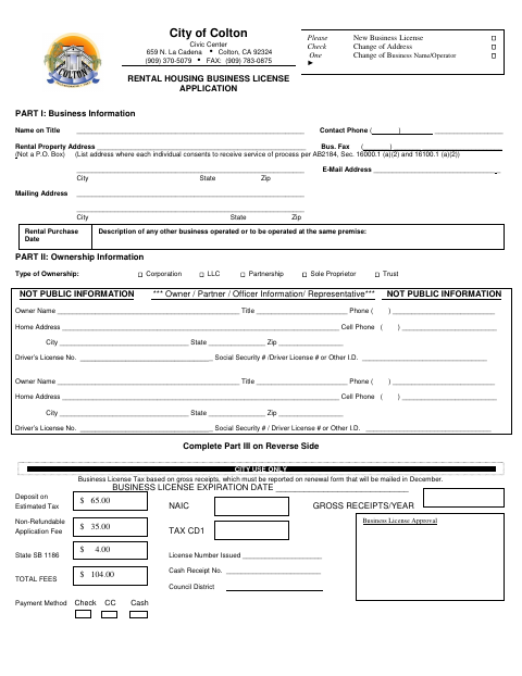 First page of the Rental Housing Business License Application