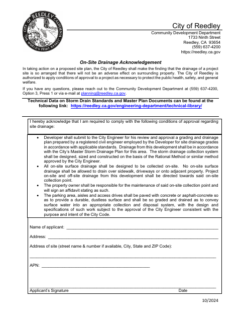 First page of the On-Site Drainage Acknowledgement