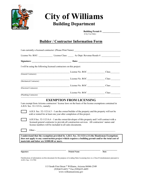 First page of the Builder / Contractor Information Form