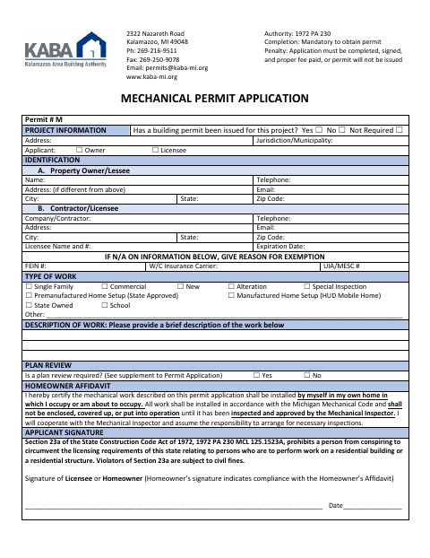 First page of the Mechanical Permit Application