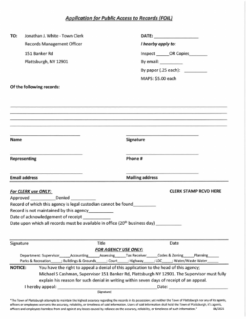 First page of the Application for Public Access to Records (FOIL)