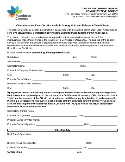 First page of the Chattahoochee River Corridor As-Built Survey Hold and Release Affidavit