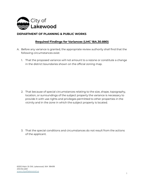 First page of the Required Findings for Variances