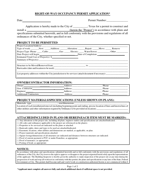 First page of the Right-of-Way Occupancy Permit Application
