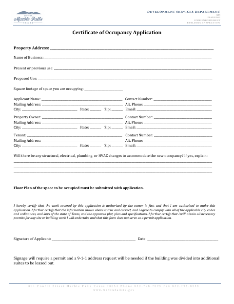 First page of the Certificate of Occupancy Application