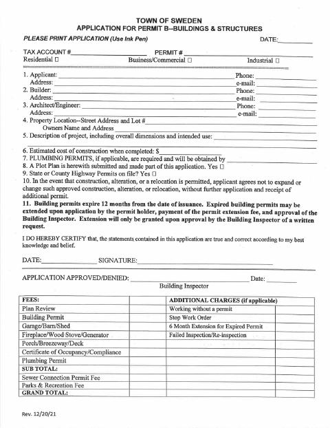 First page of the Building Permit Application