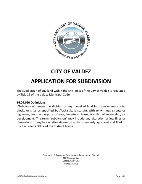 First page of the Application for Subdivision