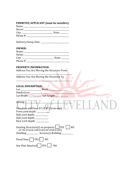 First page of the Application for Placement of Manufactured Home