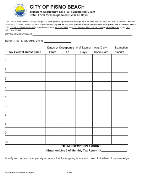 First page of the Transient Occupancy Tax Exemption Claim Detail Form for Occupancies Over 30 Days