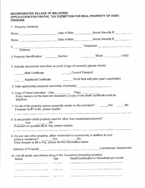 First page of the Senior Citizens Tax Exemption Application