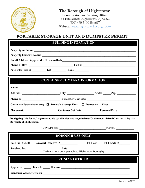 First page of the Portable Storage Unit And Dumpster Permit