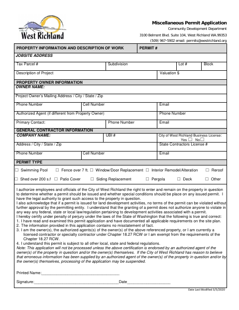 First page of the Miscellaneous Permit Application