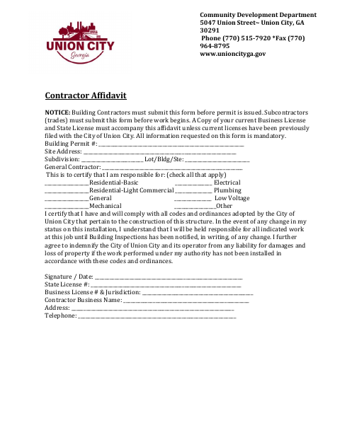 First page of the Contractor Affidavit