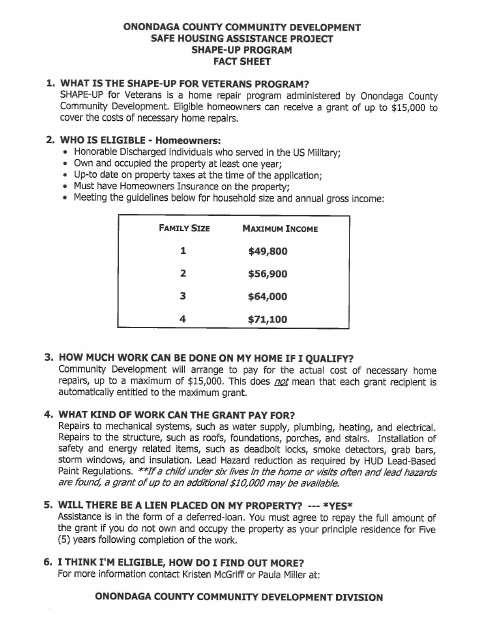 First page of the SHAPE-UP for Veterans Application