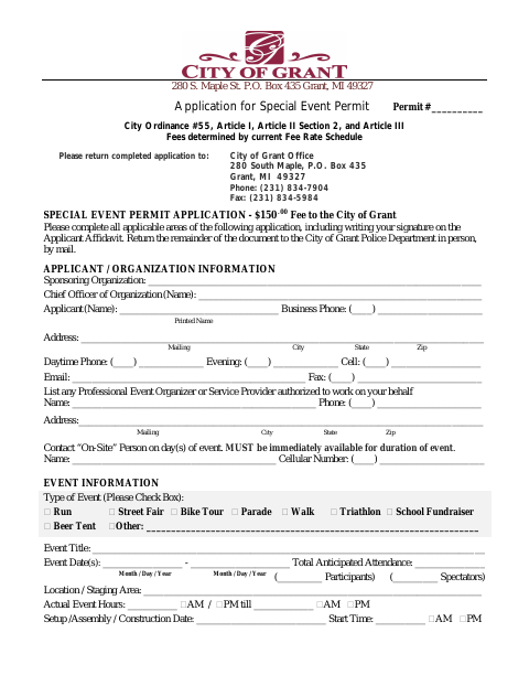 First page of the Application for Special Event Permit