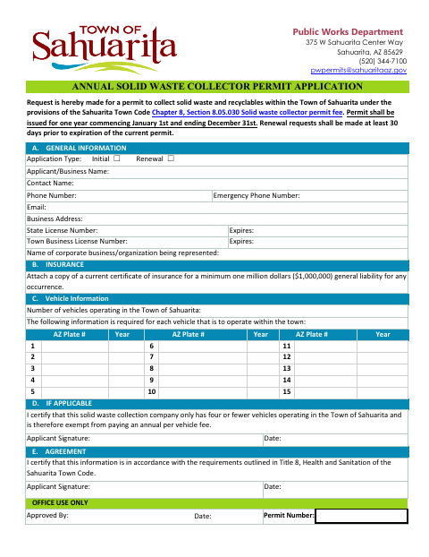 First page of the Annual Solid Waste Collector Permit Application