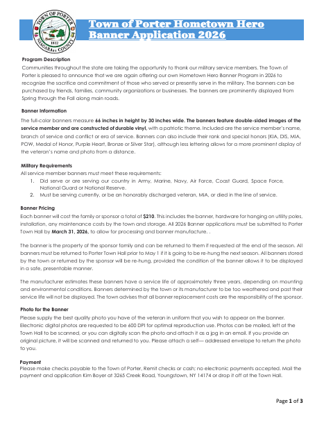 First page of the Hometown Hero Banner Application