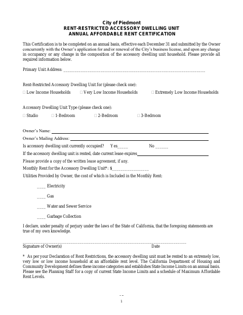 First page of the ADUP Permit Annual Affordable Rent Certification