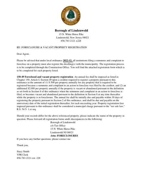 First page of the Vacant Property Registration