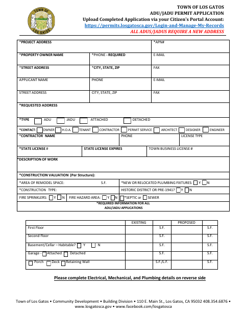 First page of the ADU/JADU Permit Application