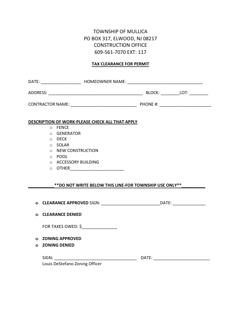 First page of the Tax Clearance for Permit