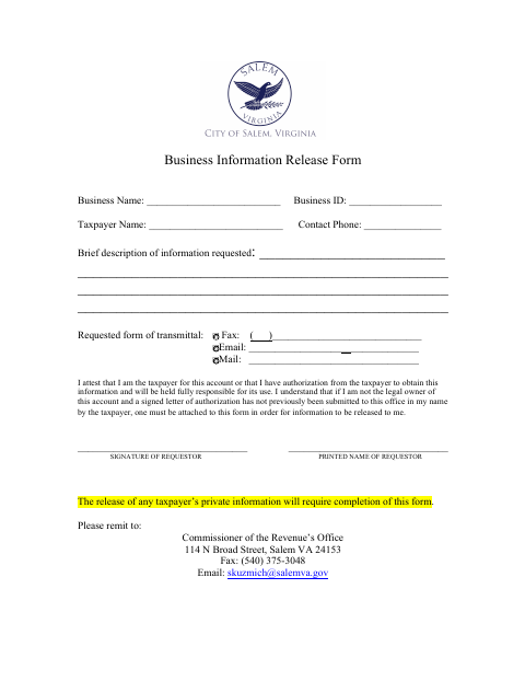 First page of the Business Information Release Form