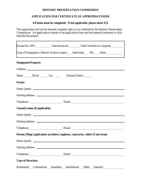 First page of the Application for Certificate of Appropriateness