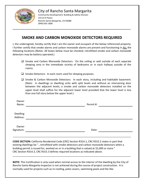 First page of the Smoke and Carbon Monoxide Detector Certification