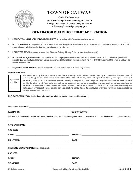 First page of the Generator Building Permit Application