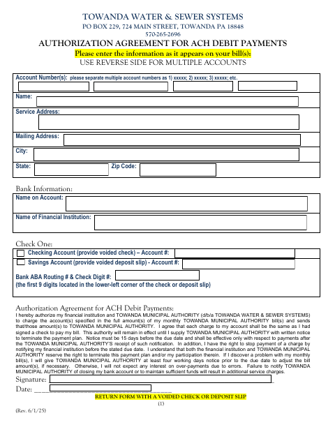First page of the Authorization Agreement for ACH Debit Payments