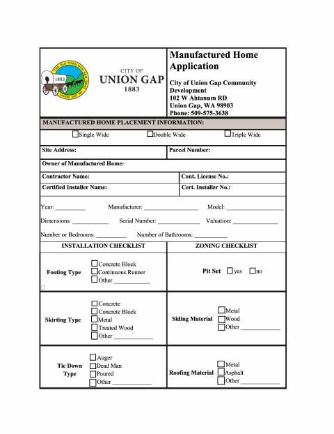 First page of the Manufactured Home Application