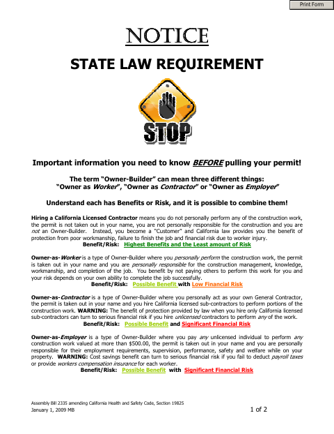 First page of the Owner-Builder Acknowledgment and Information Verification Form