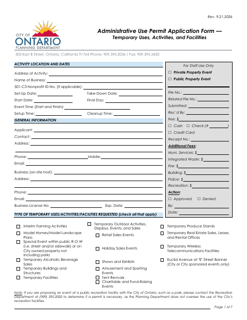 First page of the Administrative Use Permit Application Form — Temporary Uses, Activities, and Facilities