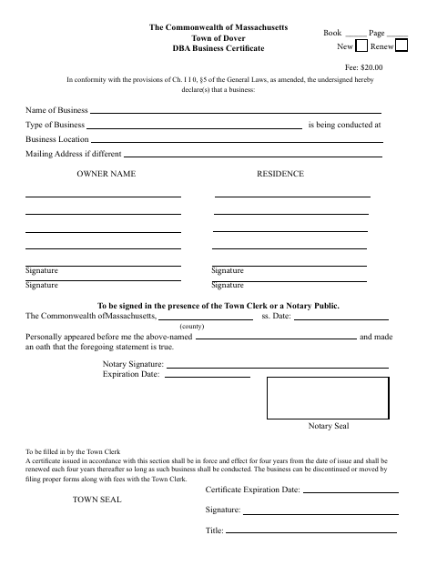 First page of the DBA Business Certificate