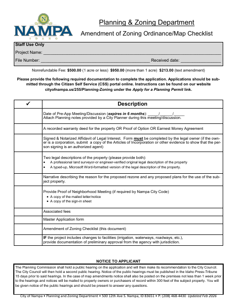 First page of the Amendment of Zoning Ordinance/Map Checklist