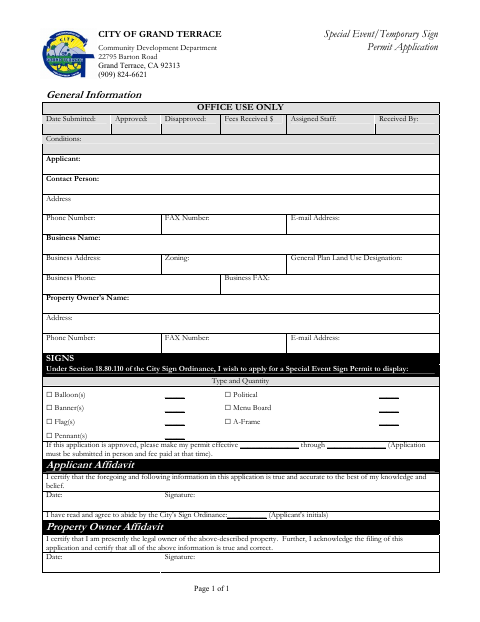First page of the Special Event/Temporary Sign Permit Application