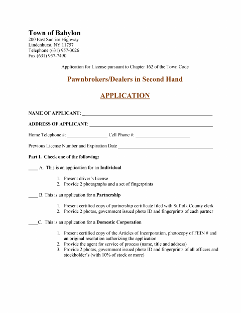 First page of the Pawnbroker and Second-Hand Dealer License Application