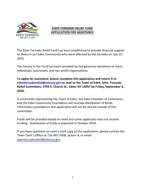 First page of the Tornado Relief Fund Application for Assistance