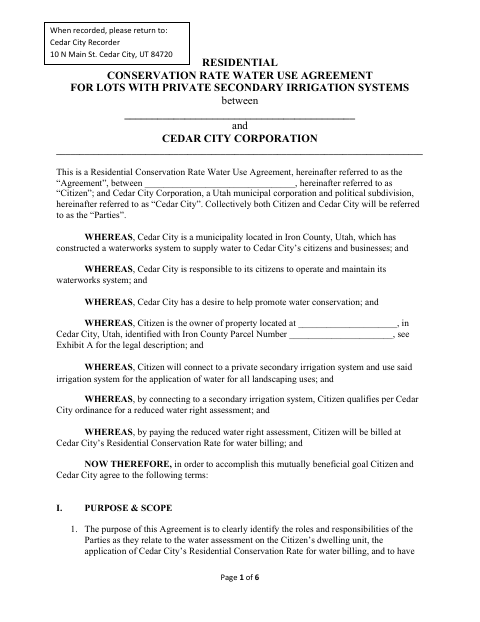 First page of the Residential Conservation Rate Water Use Agreement