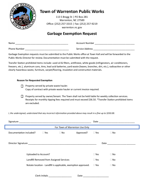 First page of the Garbage Exemption Request