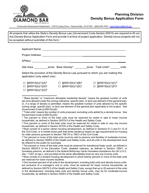 First page of the Density Bonus Application