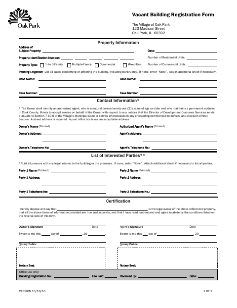 First page of the Vacant Building Registration Form
