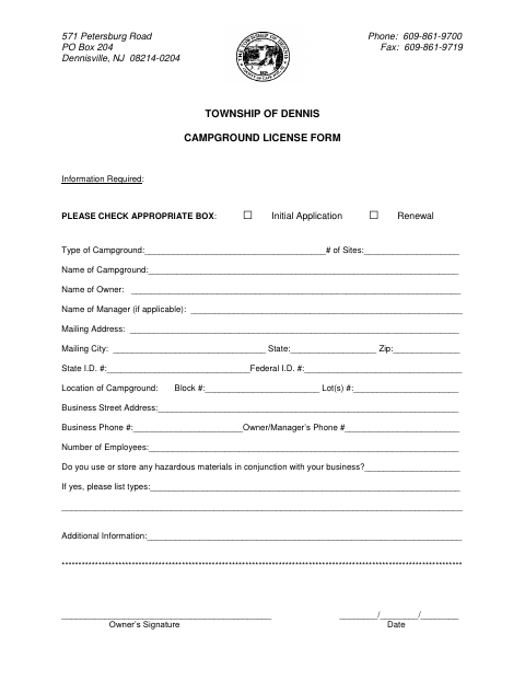 First page of the Campground License Form