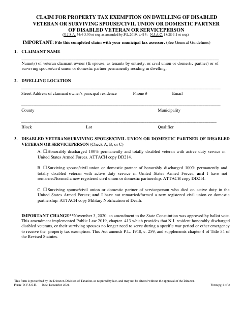 First page of the Claim for Disabled Veteran Dwelling Property Tax Exemption