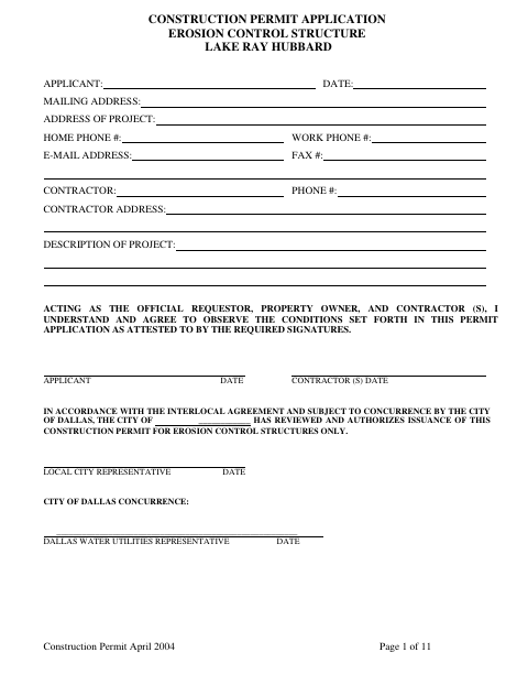 First page of the Lake Ray Hubbard Erosion Control Structure Construction Permit Application